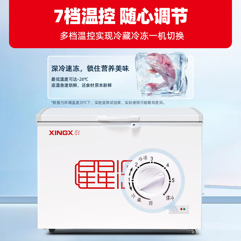XINGX 星星 305升 商用卧式冰柜 单温单箱冰箱 冷藏冷冻转换冷柜 安全门锁 顶