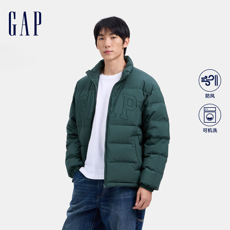 Gap 盖璞 男女装2024秋冬刺绣logo小立领防风羽绒服678656纯色外套 绿色 M (170/92A