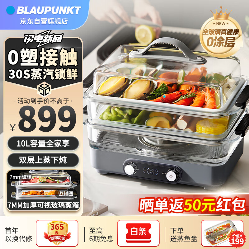 BLAUPUNKT 蓝宝 玻璃电蒸锅蒸炖锅家用多功能锅10L大容量炖蒸煮一体多层ZG10 489