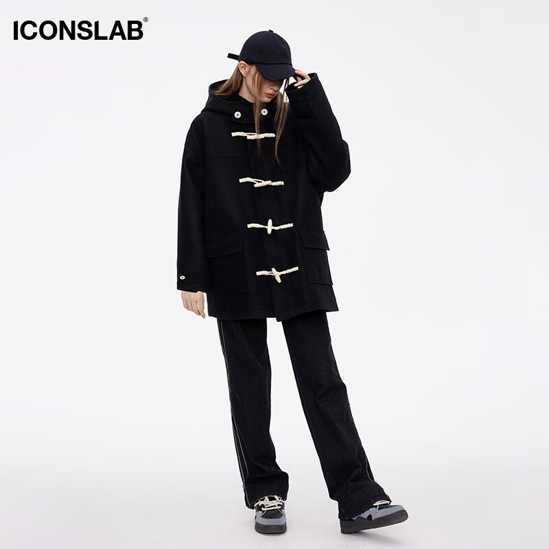 ICONSLAB 牛角扣连帽宽松毛呢外套冬季男日系黑色大衣小个子学院风 黑色 XL 33