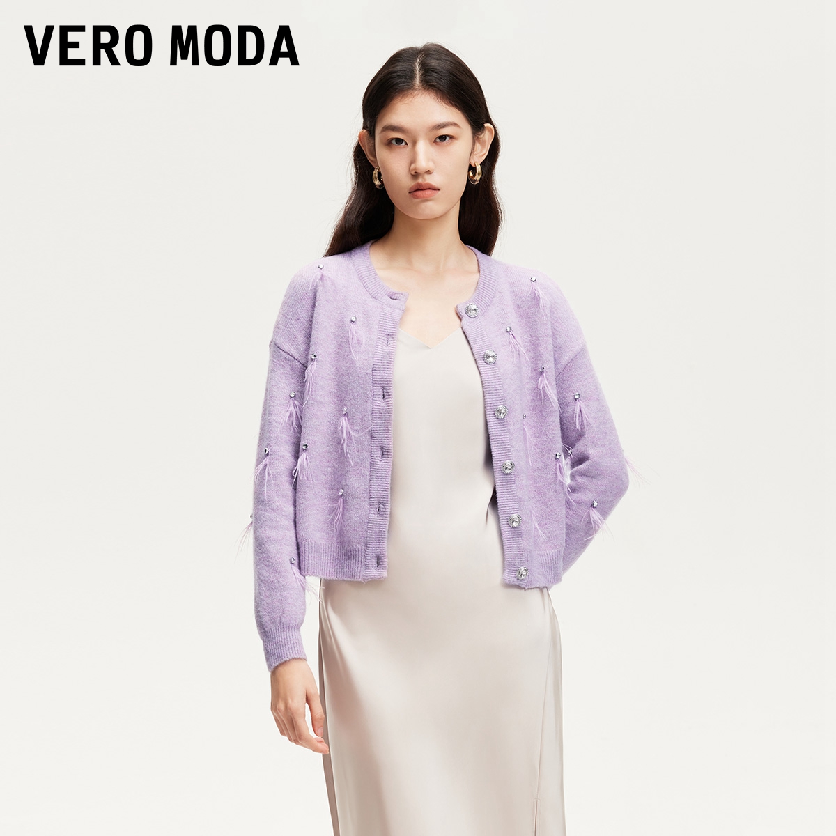 VERO MODA 针织衫2025春季新款钉珠羽毛流苏圆领红色开衫325113018 709元