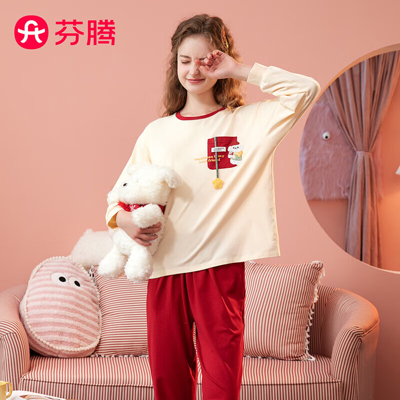 FENTENG 芬腾 睡衣女2024秋季纯棉圆领卡通卫衣长裤女家居服套装Q9FX257390043 89.9