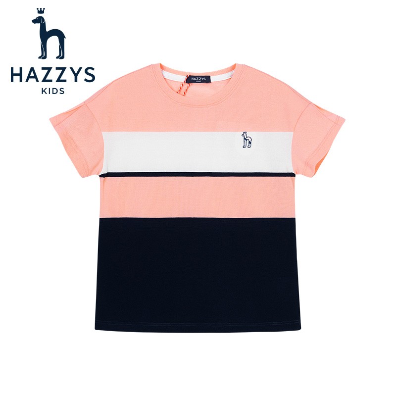 HAZZYS 哈吉斯 童装女童圆领衫夏季新品中大童时尚拼色短袖T恤 粉艾尔 155cm 86