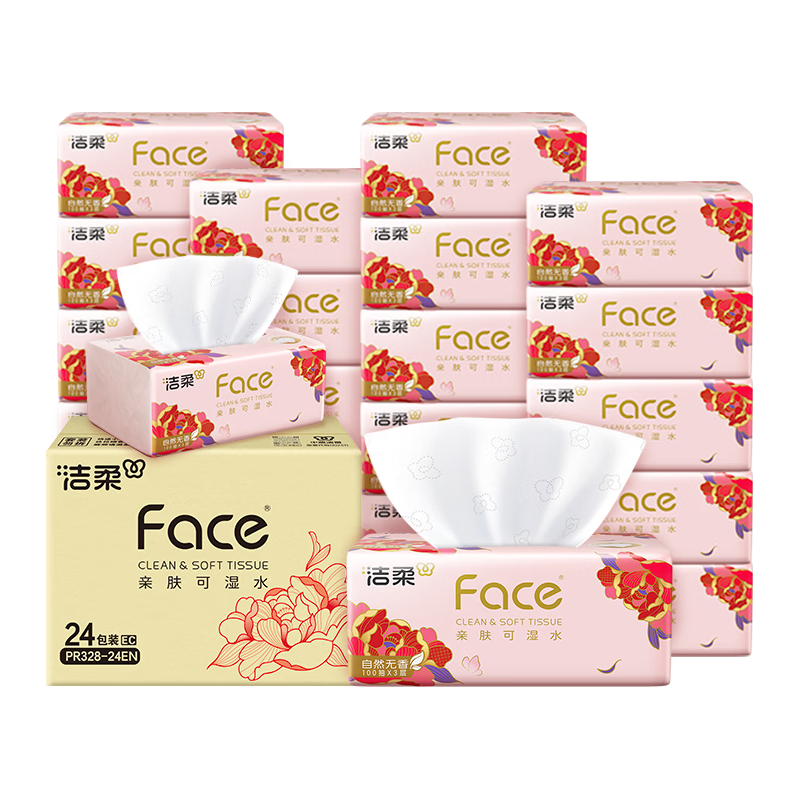 洁柔 新春大号300张系列Face软抽可湿水 3层 100抽*24包 25.9元（需买3件，需用