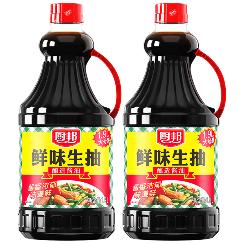 厨邦 酱油 鲜味系列 生抽 1.9L*2 酿造酱油 超值装 21.4元