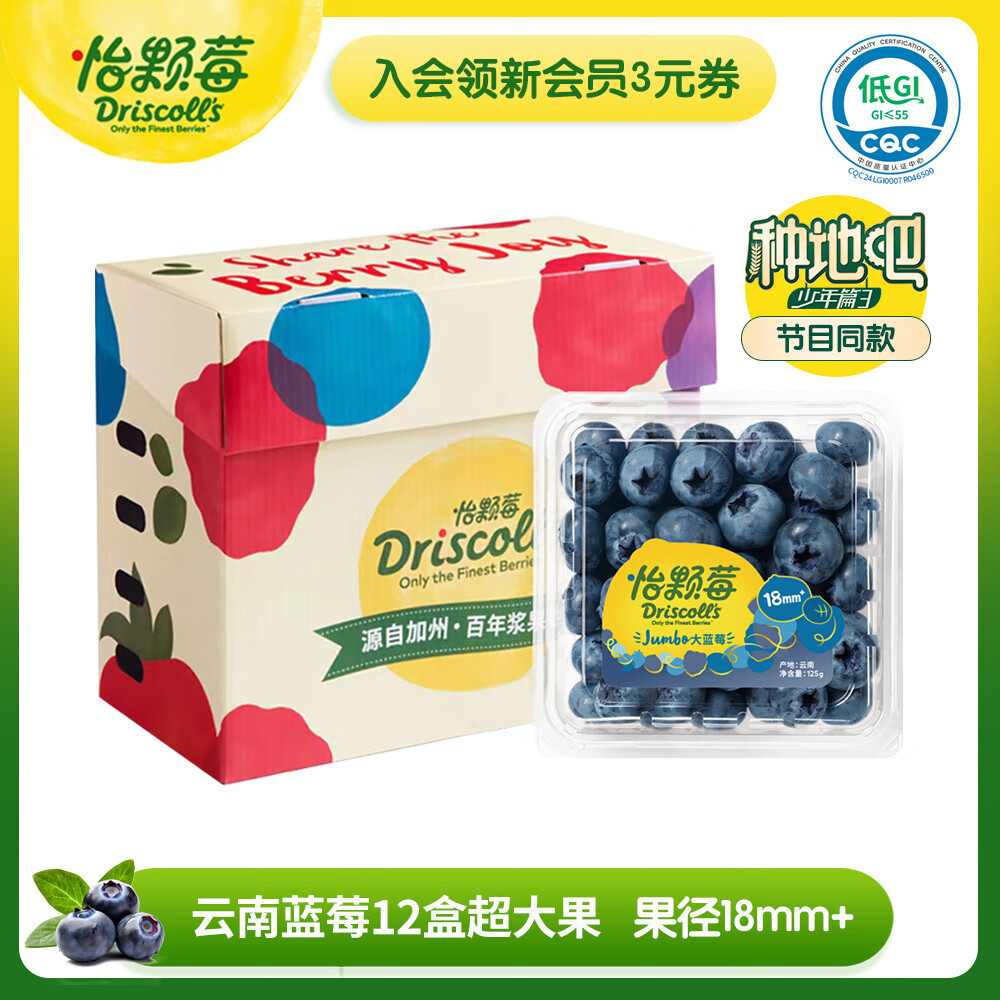 Driscoll's 怡颗莓 当季云南蓝莓Jumbo超大果18mm+12盒原箱装125g/盒 199元（需用券