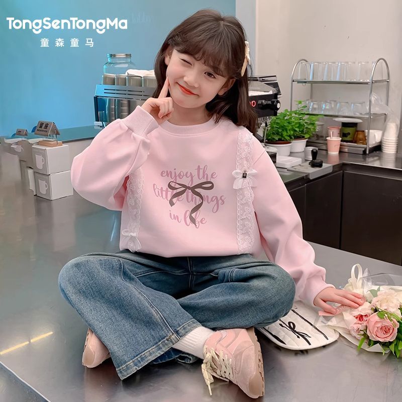 童森童马 女童春季卫衣2025洋气蝴蝶结中大童秋装花边宽松上衣 52.7元