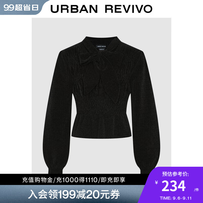 URBAN REVIVO UR2024秋冬女装气质飘带缩褶收腰针织衫UWG940260 正黑 XS 299元