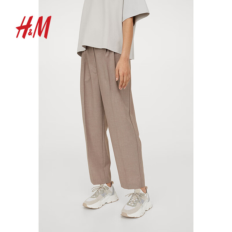 H&M 女士裤子春季新款休闲舒适柔软米色高腰直筒长裤0909721 米色 155/64 76元