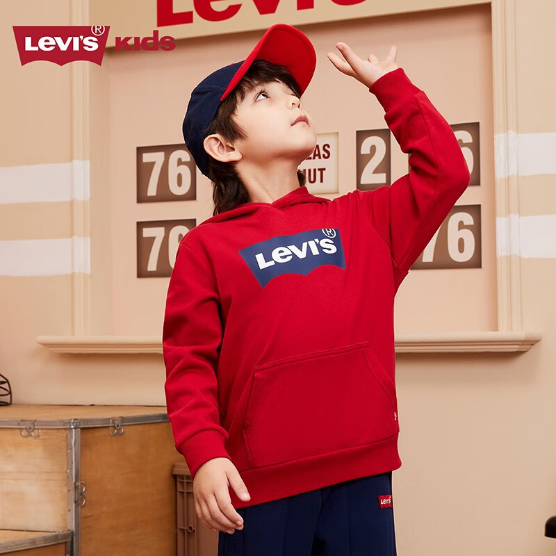 Levi's 李维斯 童装男女童连帽经典蝙蝠标卫衣春秋纯棉儿童舒适针织上衣 辣