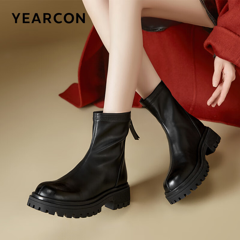 YEARCON 意尔康 女士靴子2024冬季女鞋厚底粗跟马丁靴 黑色 37 147.9元（需用券