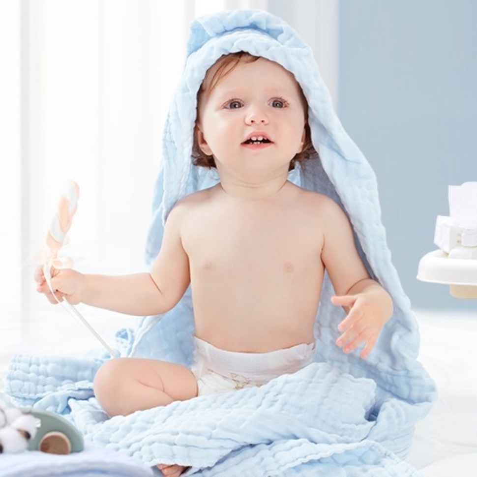 全棉时代 婴儿浴巾 6层水洗纱布浴巾 纯棉大毛巾被盖礼盒装 蓝色115*115cm 67.5