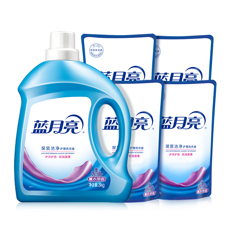 蓝月亮 洗衣液机洗手洗套装 薰衣草香 10斤（3kg*1瓶+500g*4袋） 44.9元