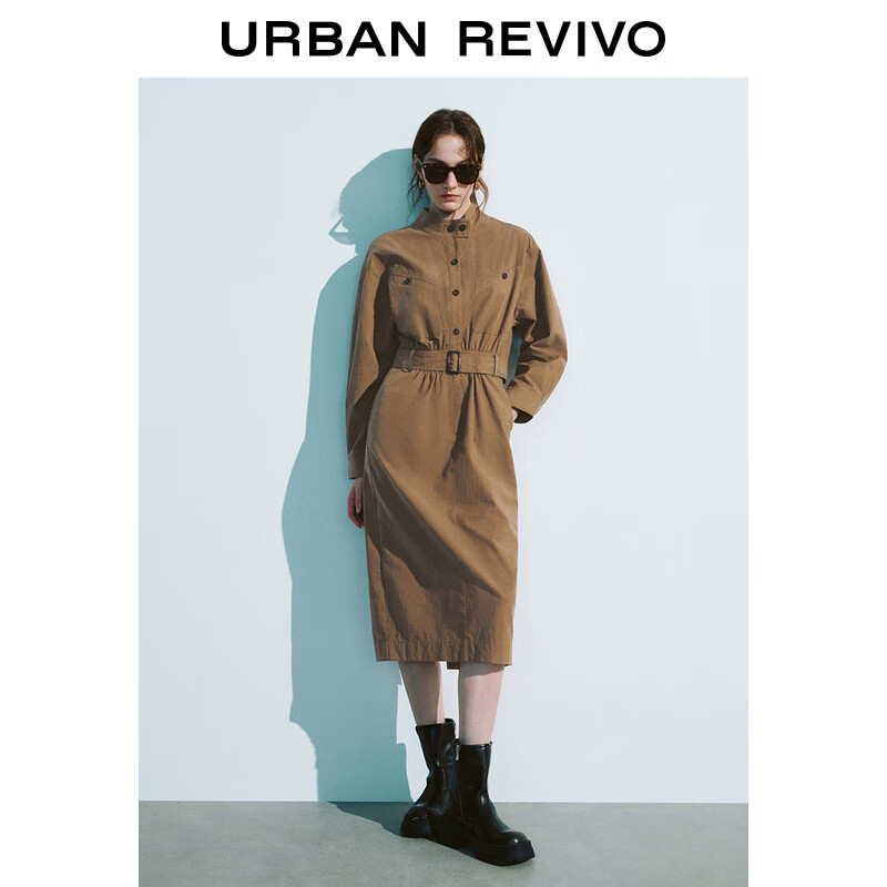 URBAN REVIVO UR2024秋冬女装复古工装风后开衩长袖连衣裙UWH740113 咖啡色 L 434元