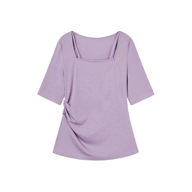 秋水伊人 设计感方领正肩T恤夏季女修身弹力显瘦短袖上衣 紫色 M 45元