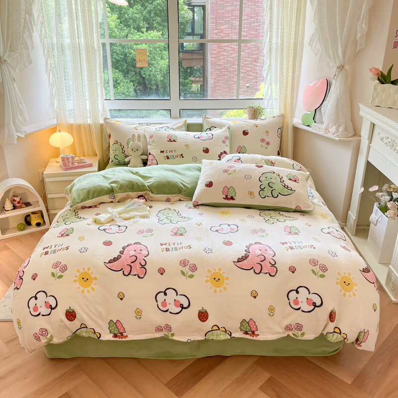 多兰诗 牛奶绒四件套卡通双面加绒学生宿舍家用床单被套床上用品套件 可