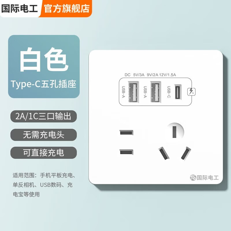 fdd 国际电工 双USB插座面板 五孔2.1A 13元（需用券）