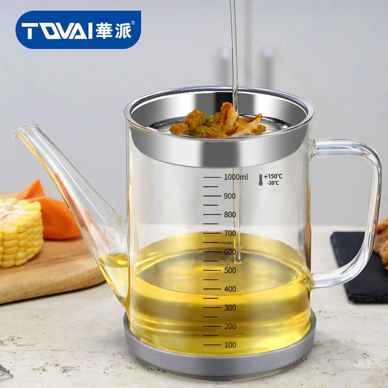 华派 TQVAI 1000ml滤油器 隔油壶玻璃滤汤壶厨房过滤油神器不锈钢滤网油杯油