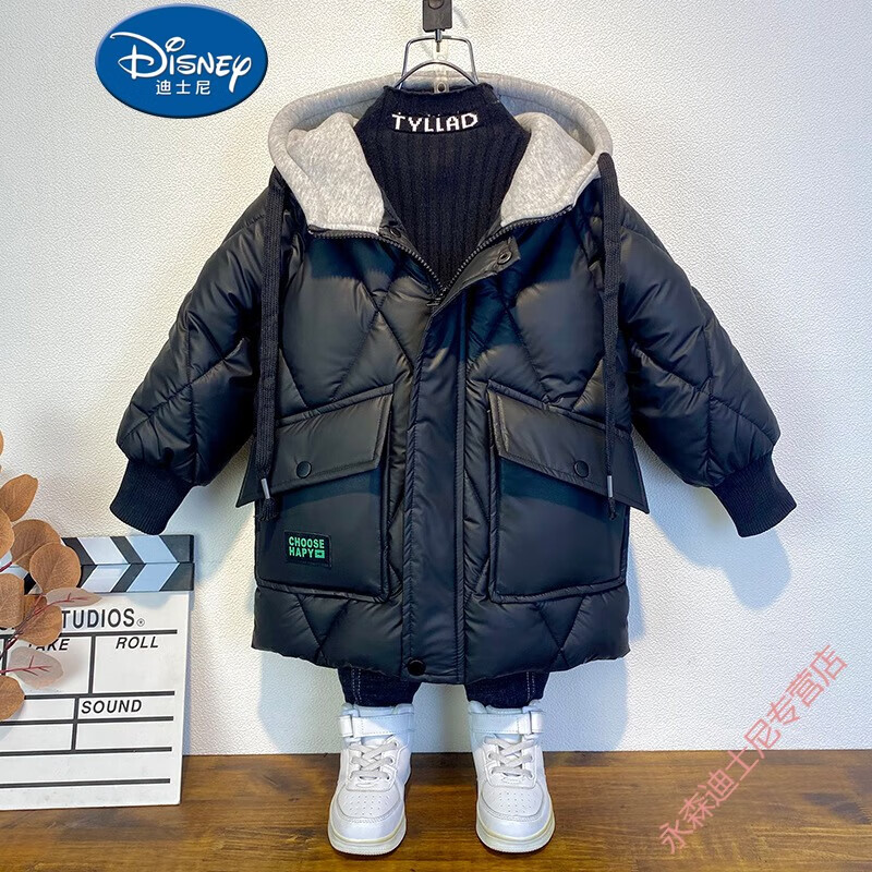 Disney 迪士尼 2023冬装新款男童羽绒棉服中大童洋气御寒加厚棉衣男宝中长款