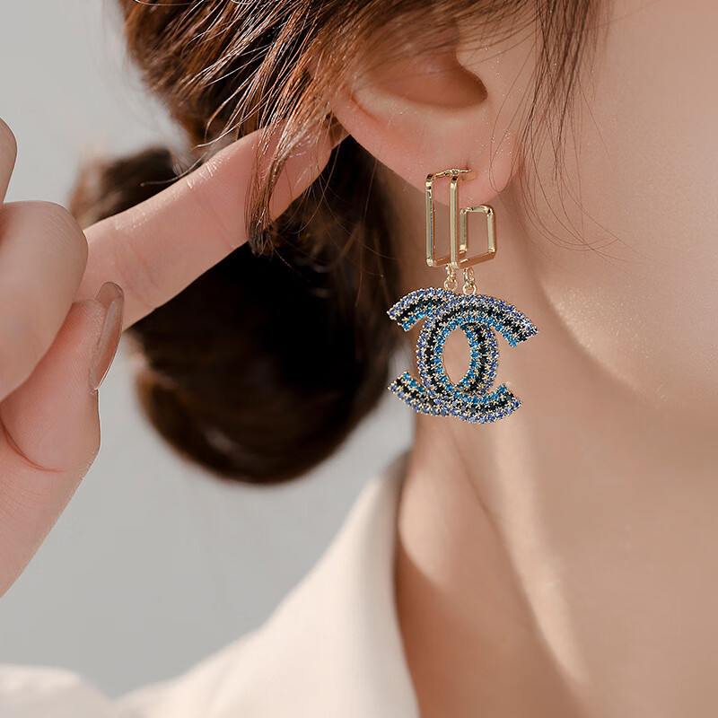 新款耳环字母双C形水钻镶嵌时尚轻奢耳饰小众高级感气质耳坠 字母双C耳环 