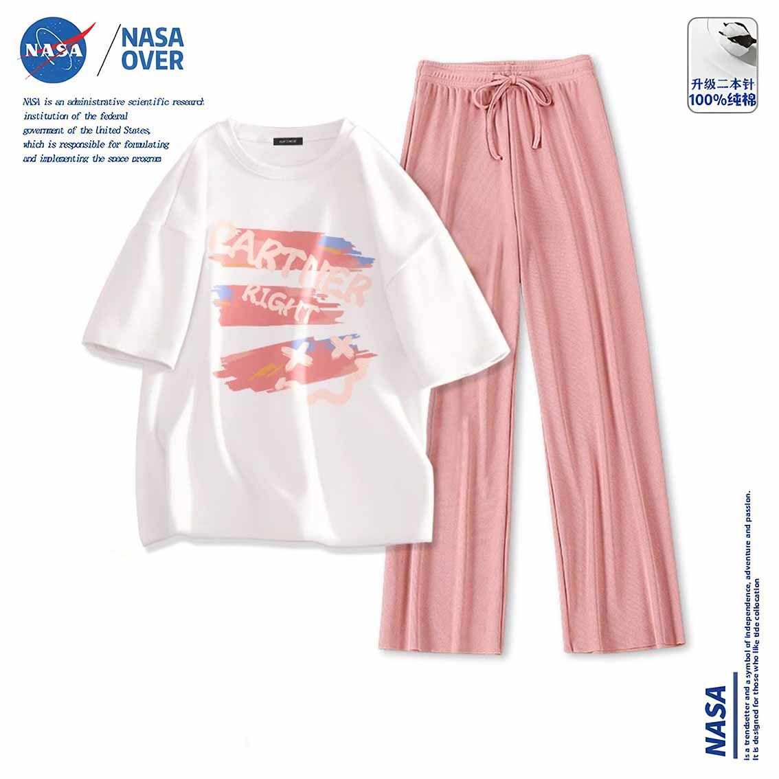 NASAOVER NASA联名休闲套装女纯棉短袖t恤冰丝阔腿长裤夏季超萌穿搭一整套 38.4