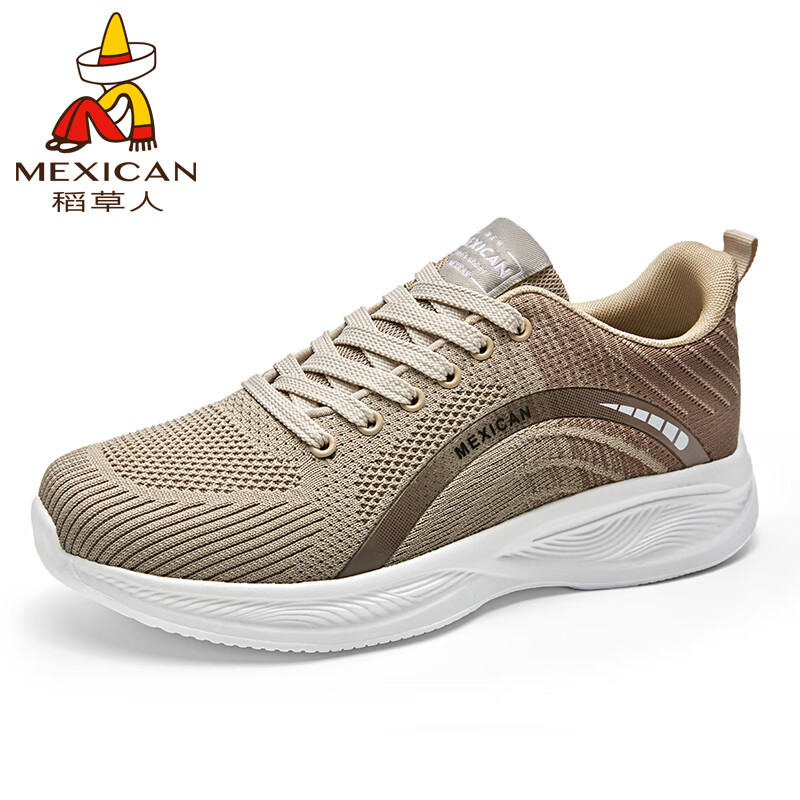 Mexican 稻草人 男鞋休闲鞋子男士透气飞织网布鞋男跑步运动鞋 卡其色偏小 40