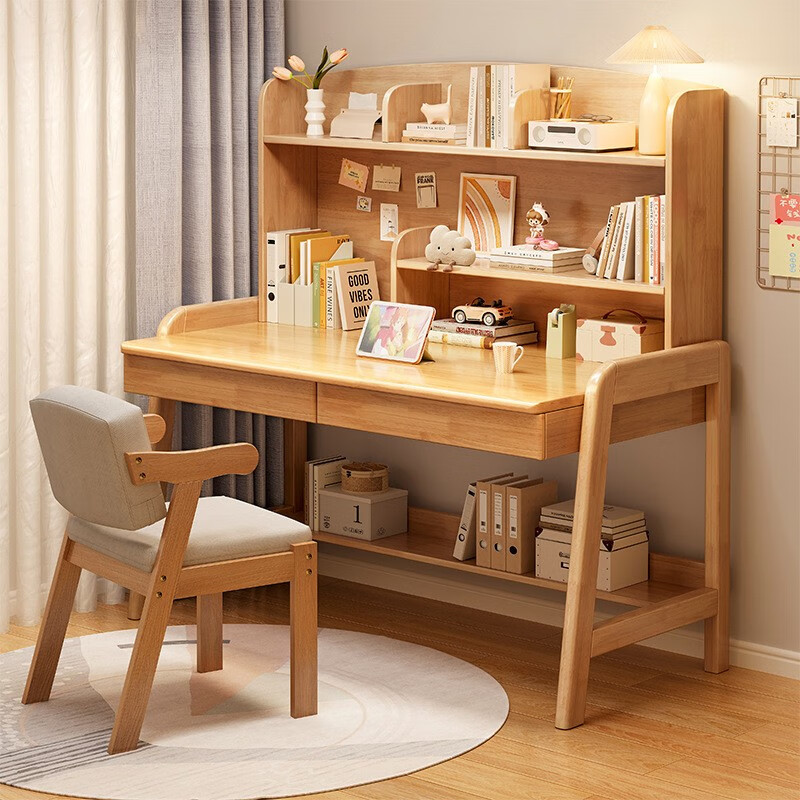 锦需 实木书桌书架一体桌台式电脑桌中小家用卧室学习写字桌椅组合 橡木