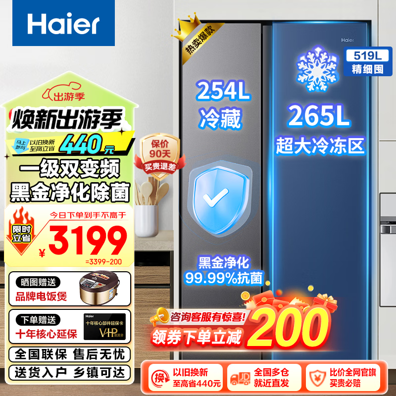 Haier 海尔 冰箱519升双开门家用对开门超薄一级能效 519升BCD-519WLHSSEDX9 2899元