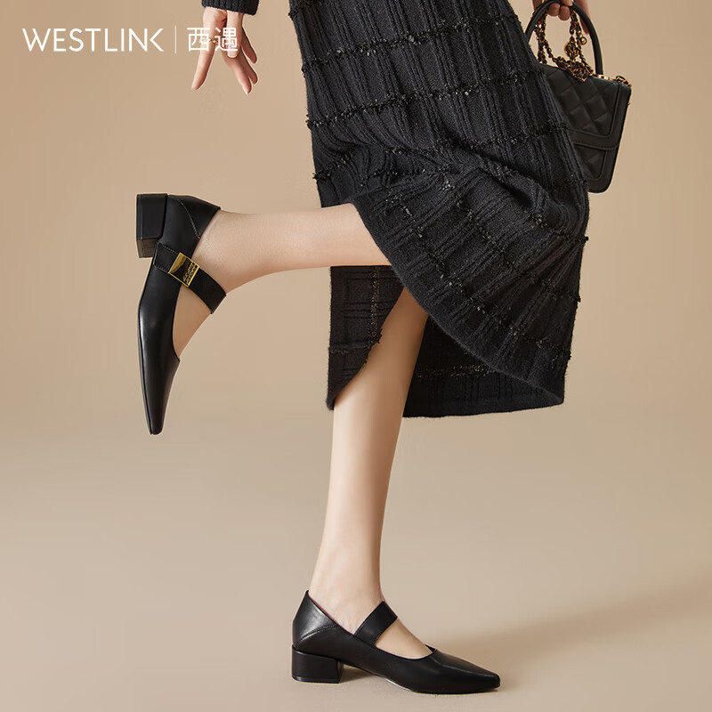 WESTLINK 西遇 尖头单鞋女2024春季法式气质复古黑色低跟鞋粗跟玛丽珍鞋 黑色 