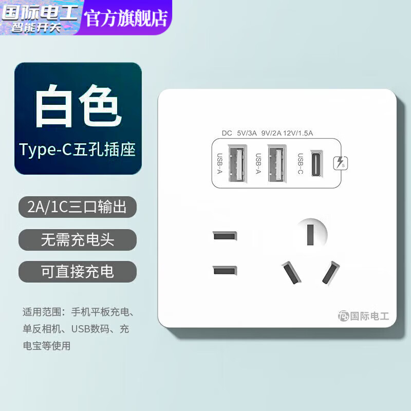 国际电工 fdd 双USB插座面板 五孔2.1A双USB+type-c 21.8元