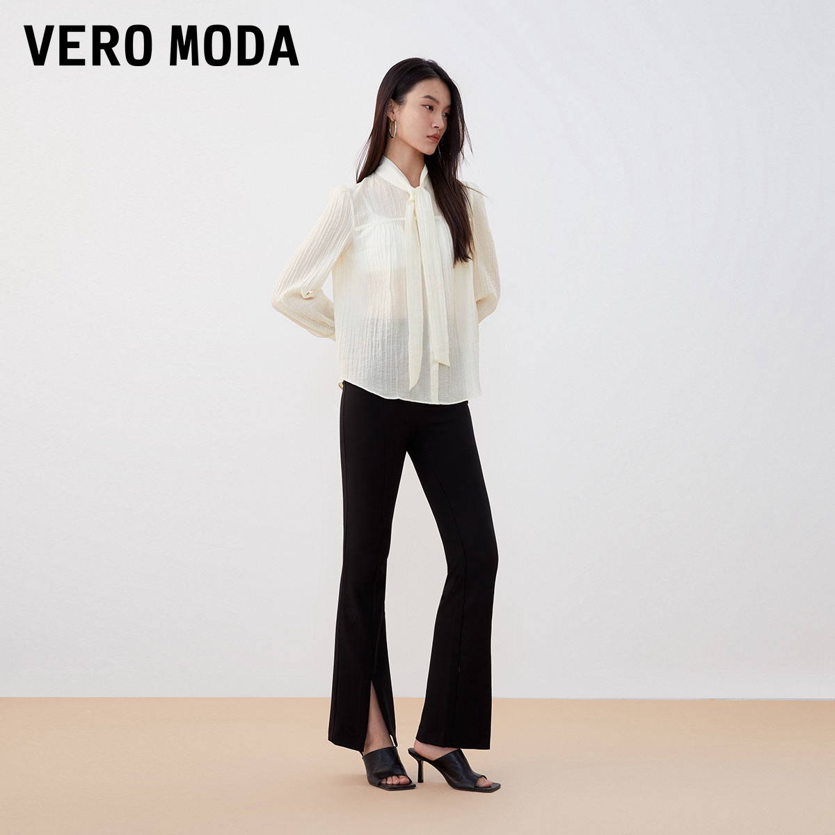 VERO MODA 衬衫女2023早秋新款直筒长袖纯色通勤肌理感系带含天丝 203.67元（需