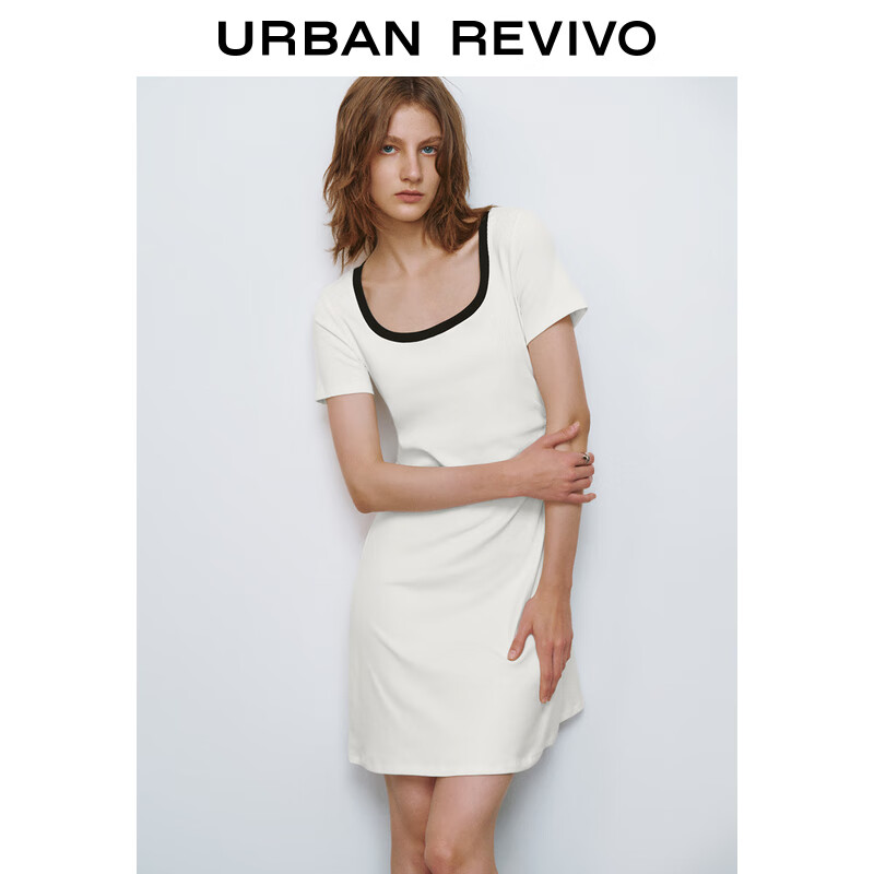 URBAN REVIVO UR2024夏季新款女装时尚撞色褶皱收腰修身圆领连衣裙UWU740043 粉白 S