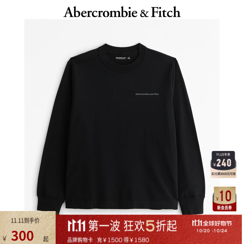 Abercrombie & Fitch 男装 24秋季新款复古宽松字母印花长袖T恤KI123-4181 黑色 L (180/