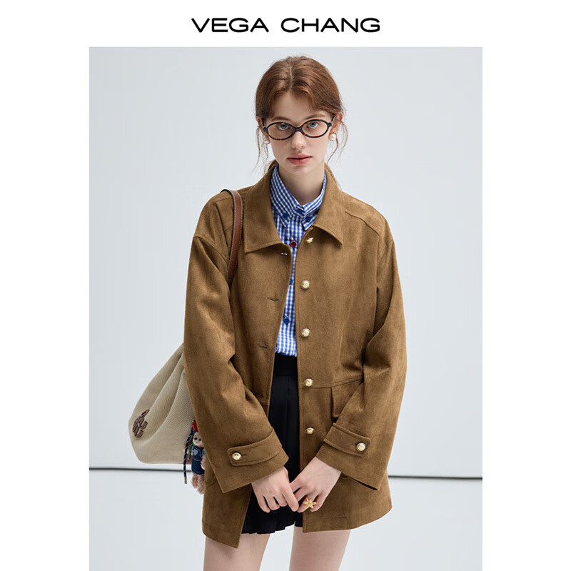 VEGA CHANG 麂皮绒外套女2025年春秋季新款宽松美式复古高级感上衣 焦糖色 S 199