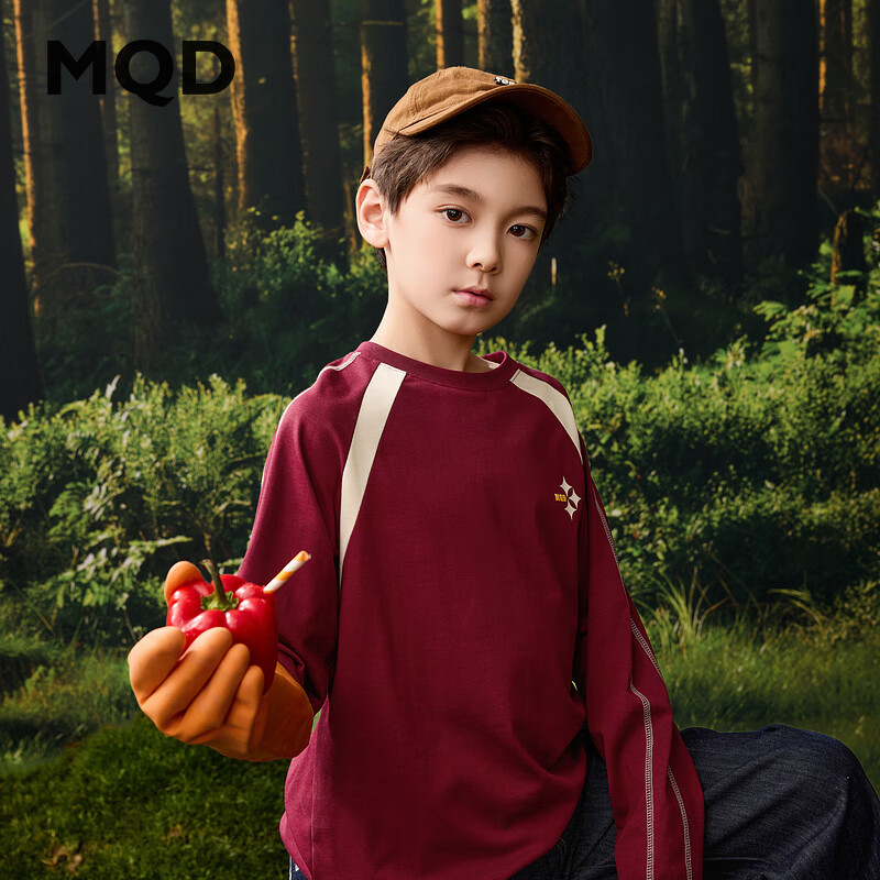 MQD 马骑顿 男童25春学院风运动休闲经典插肩袖拼色长袖T恤 酒红 150 46元（需