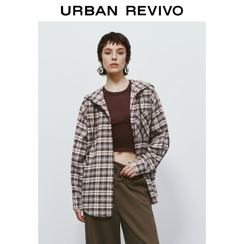 URBAN REVIVO UR2024秋冬女装学院风超宽松格纹连帽开襟衬衫UYL240014 棕色格子 L(XL