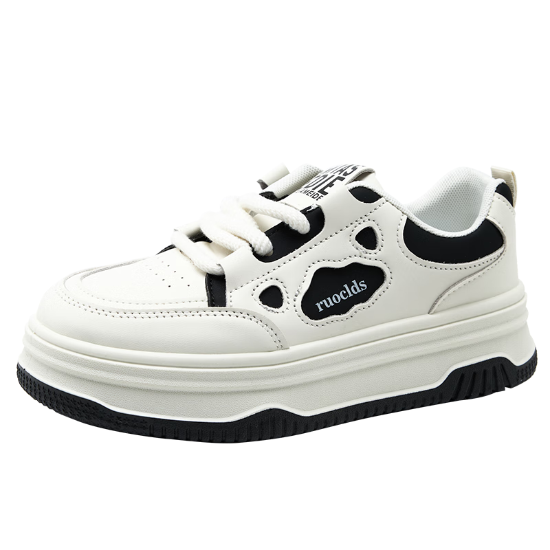 PLUS会员：西遇 厚底小白鞋女 春季可爱小众休闲黑白色熊猫鞋增高板鞋 76.85