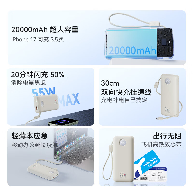 京东京造 55W大功率 移动电源 自带线 20000mAh 灰色 99.9元 - 86线报