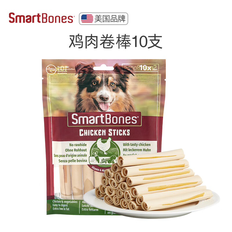 SmartBones 宠物狗狗零食磨牙棒洁齿骨 卷棒鸡肉味-10支装升级版200g ￥6.69