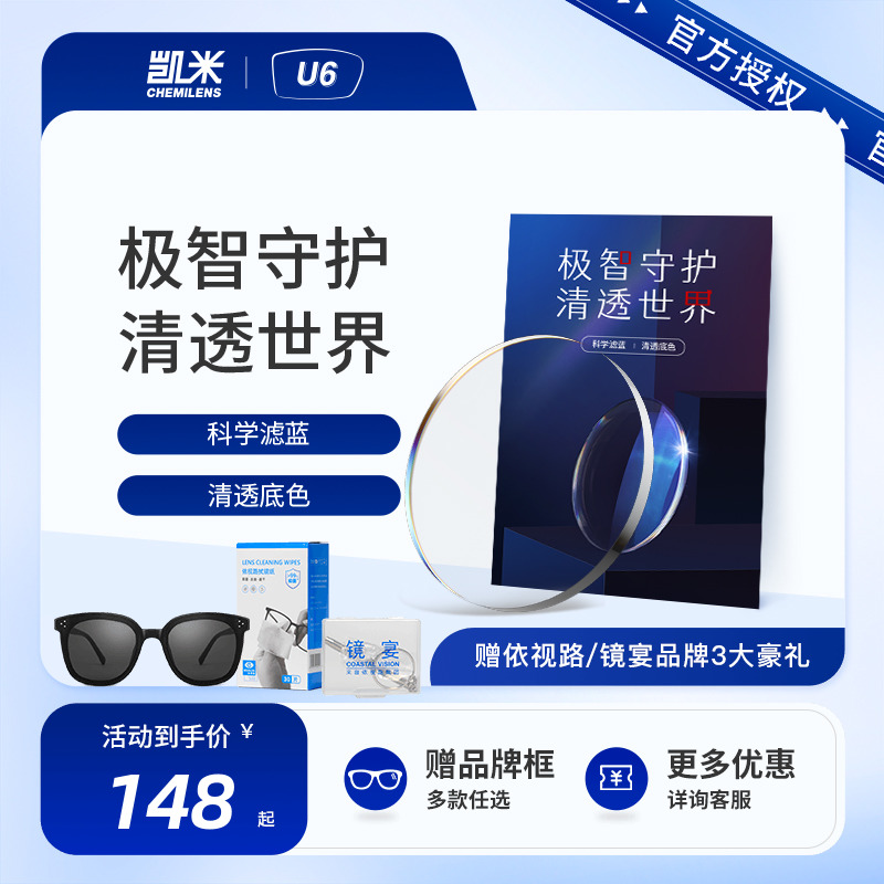 凯米 U6系列1.60超薄防蓝光镜片+多款镜框可选 103元（需用券）