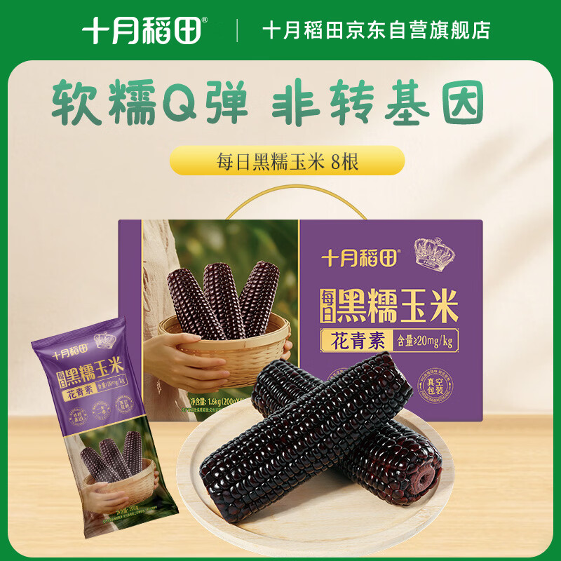 十月稻田 黑糯玉米 8根 3.2斤 东北甜黏玉米棒 花青素 早餐杂粮 粗粮礼盒 15.5