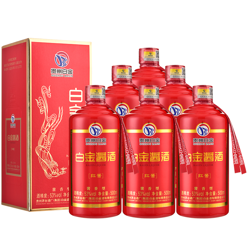 PLUS会员：茅台 白金酱酒 红酱 53度 500ml*6 瓶酱香型白酒整箱装 445元包邮（双