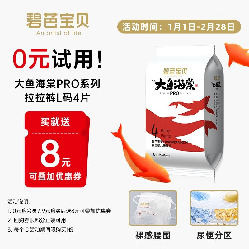 碧芭宝贝 大鱼海棠pro拉拉裤L码试用装4片(9-14kg)尿不湿体验装 ￥1
