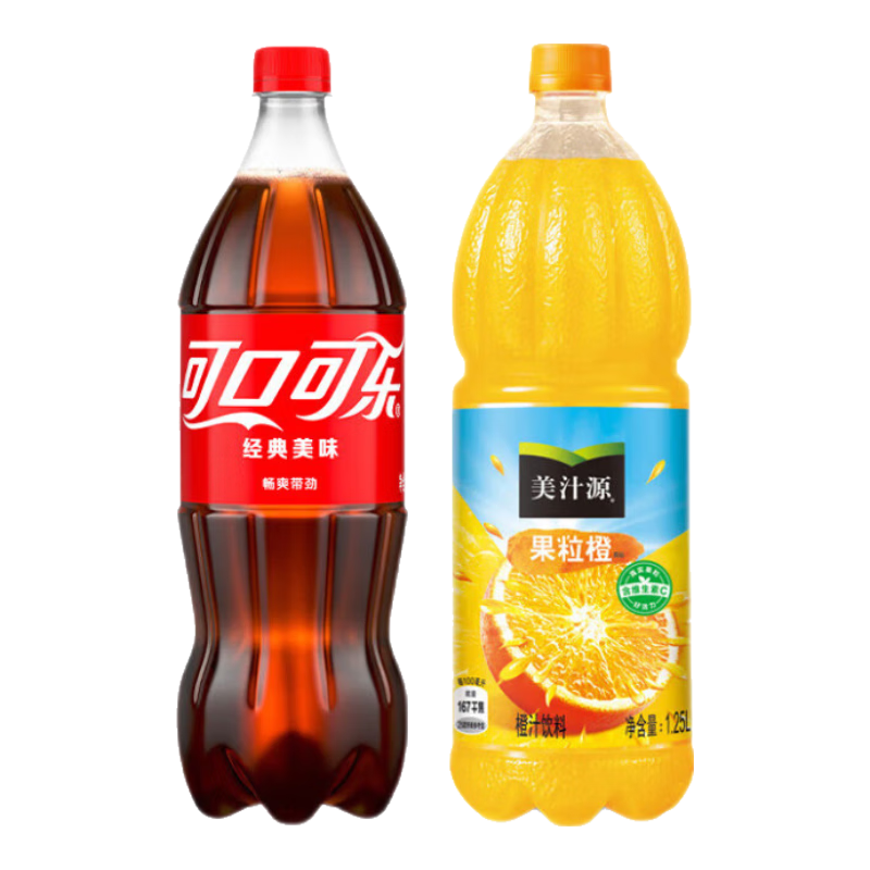 可口可乐（Coca-Cola）汽水+美汁源果粒橙果汁 1.25L*2瓶 混合装 12.77元包邮