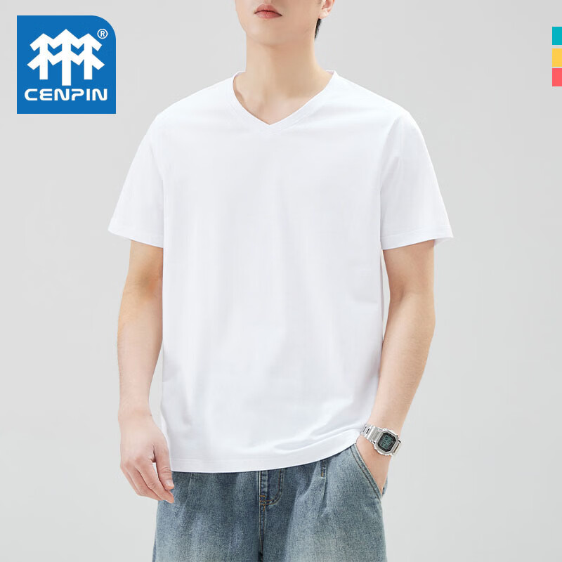 诚品CENPIN 夏季宽松潮流短袖T恤V领 白色 9.06元（需买2件，需用券）