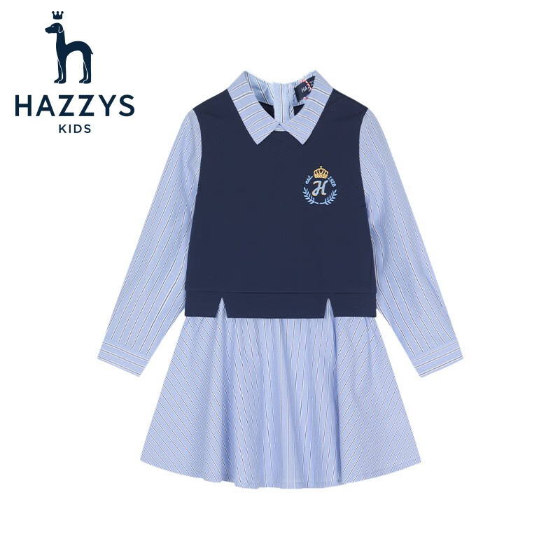 HAZZYS 哈吉斯 品牌童装女童连衣裙春儿童翻领青春时尚大裙摆学院风长袖裙 