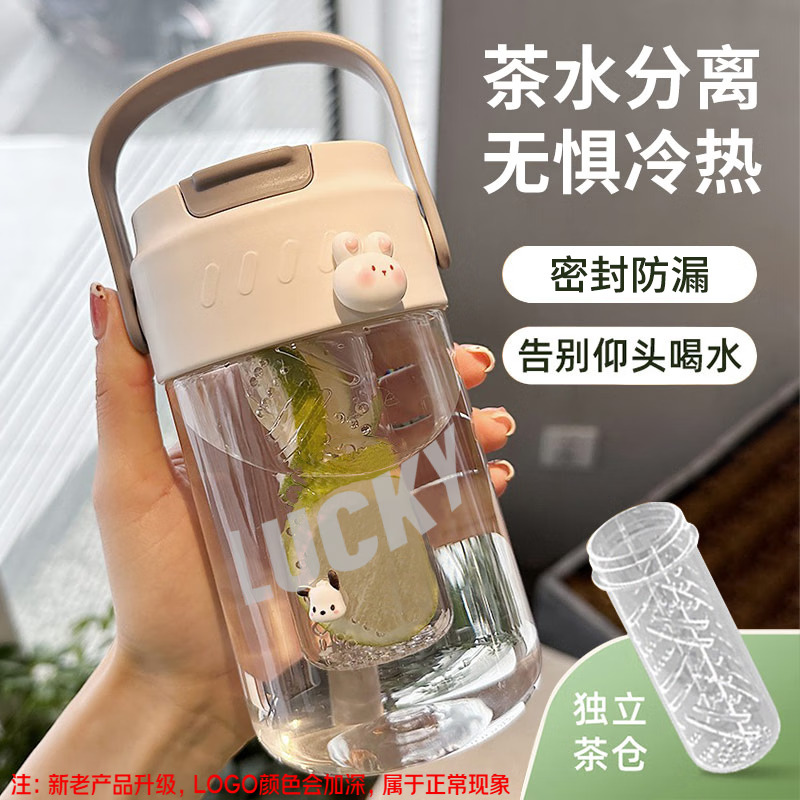 几物森林 塑料水杯女便携吸管杯大容量耐高温塑料杯带茶隔白色600ml 19.9元