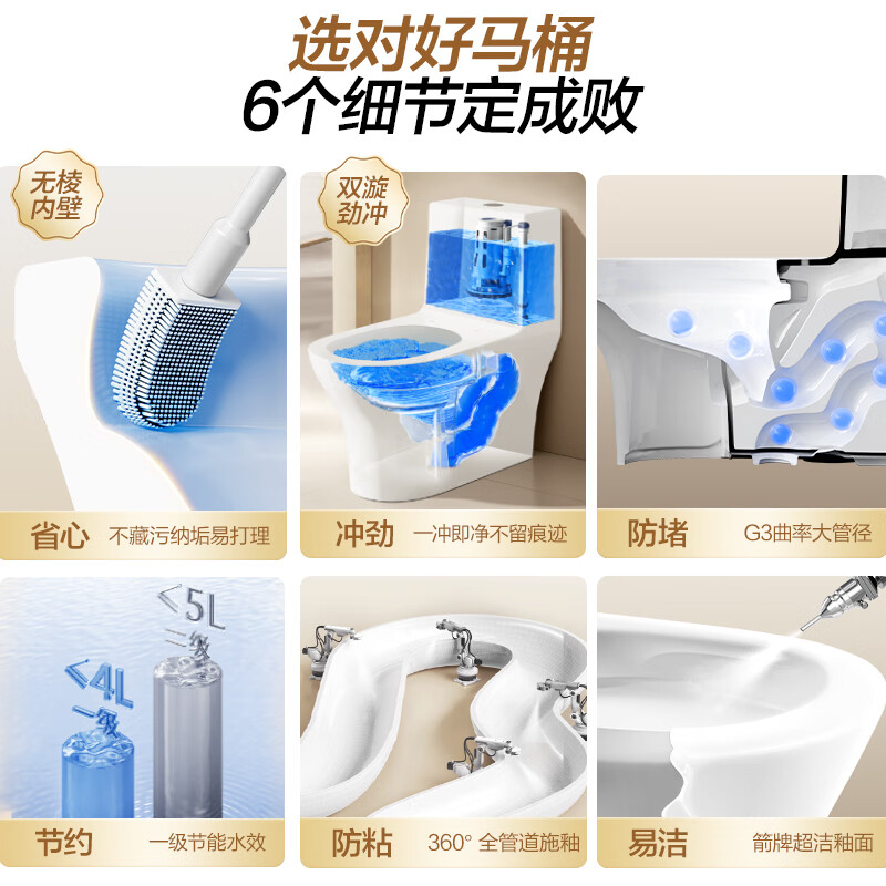 国家补贴：箭牌 马桶家用双漩暴风大冲力连体坐便器 无棱|抗菌座圈12632 305/