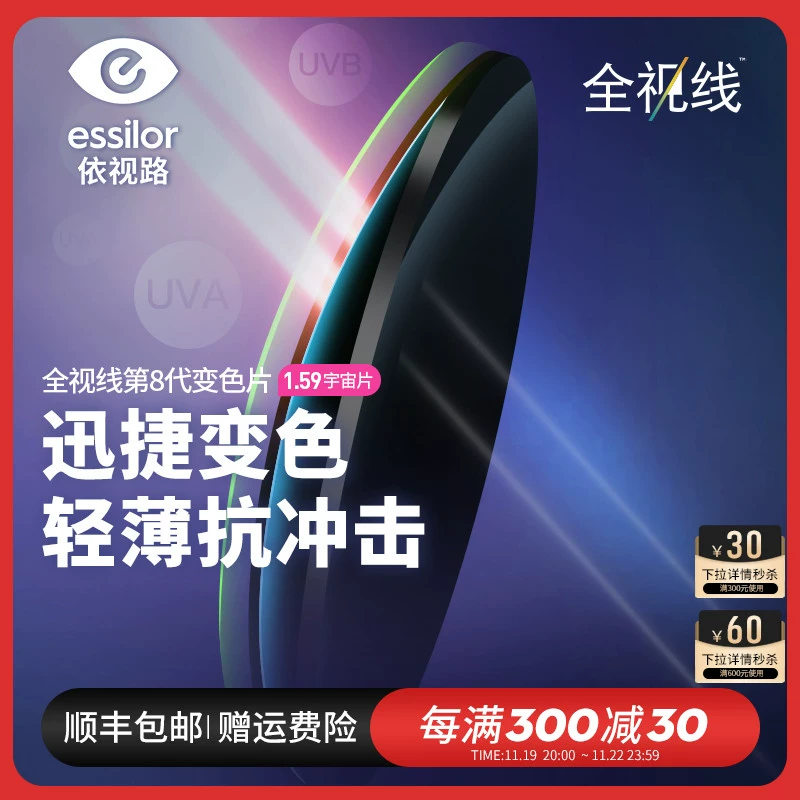 essilor 依视路 全视线T8变灰色非球面镜片1.60折射率*2片+赠钛框 近视600度内 