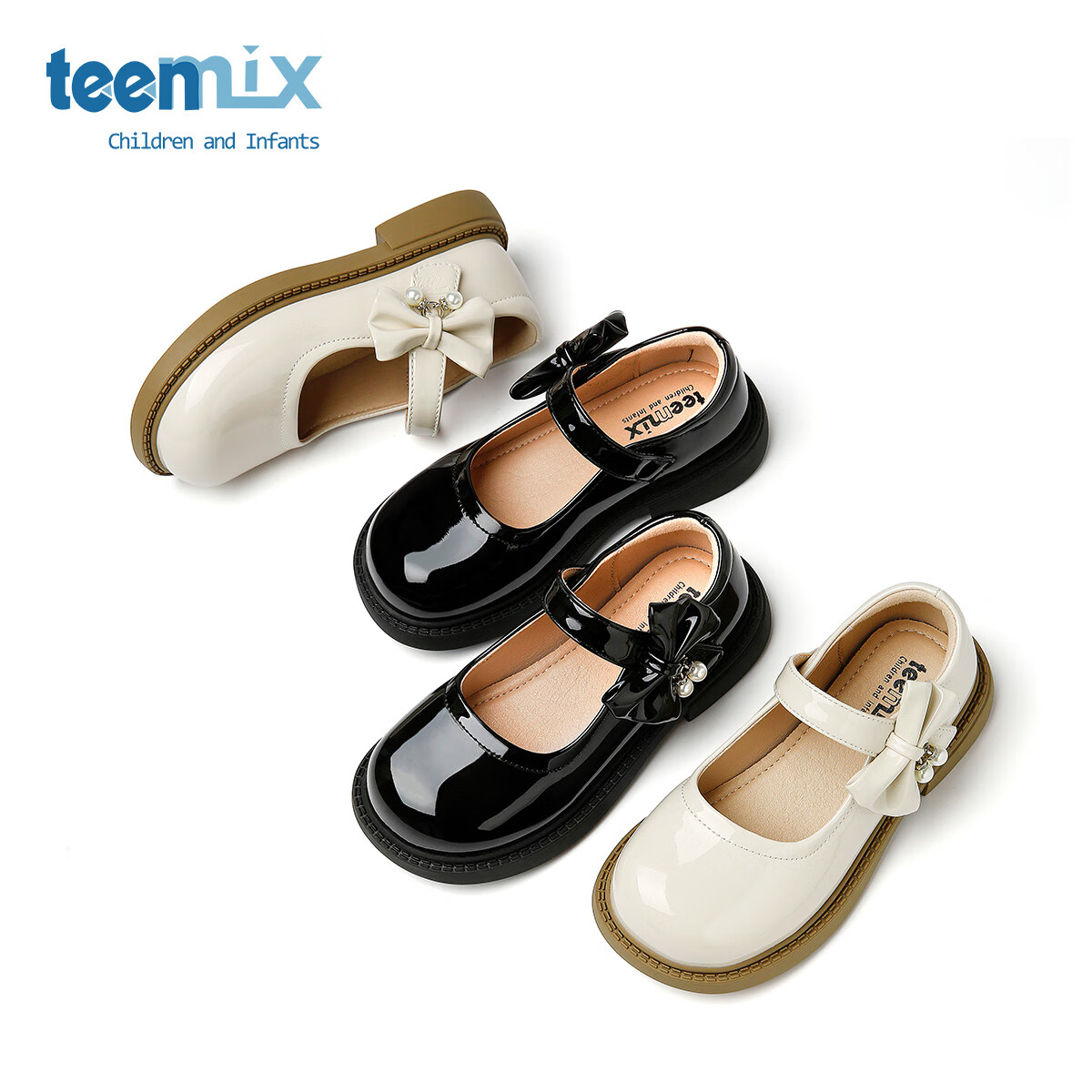 天美意 软底女孩时尚百搭蝴蝶结小皮鞋 米色 32 89元（需用券）